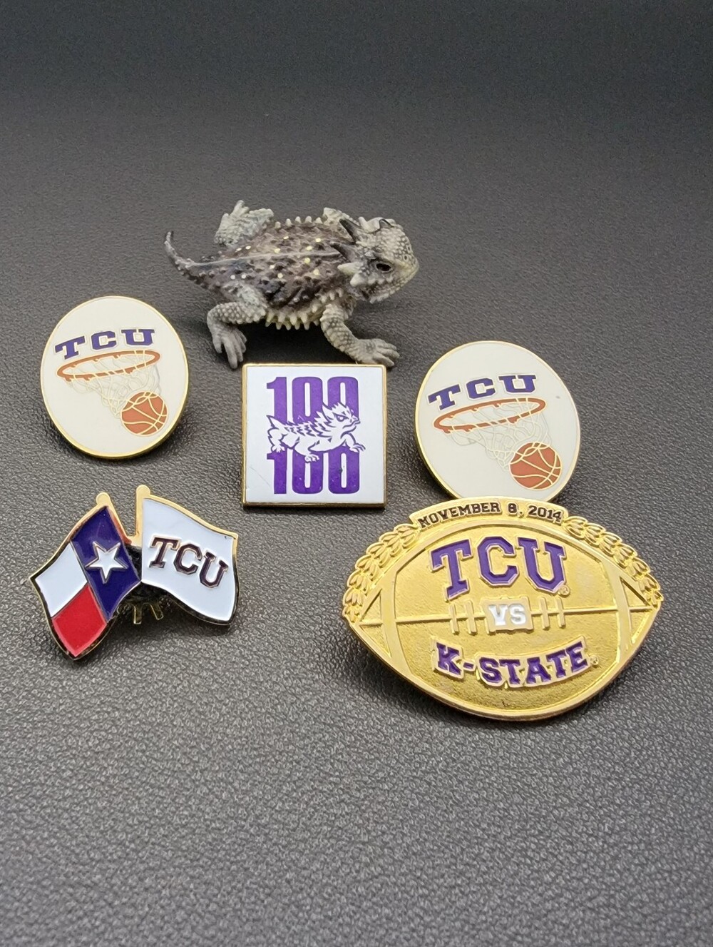 Lot of 5 TCU Horned Frogs Lapel Pins Basketball Football 100 Years Texas Flag